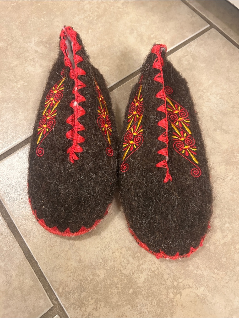 Handcrafted wool/ leather Greek Felt Slip-On kid Slippers with Red Embroidery
